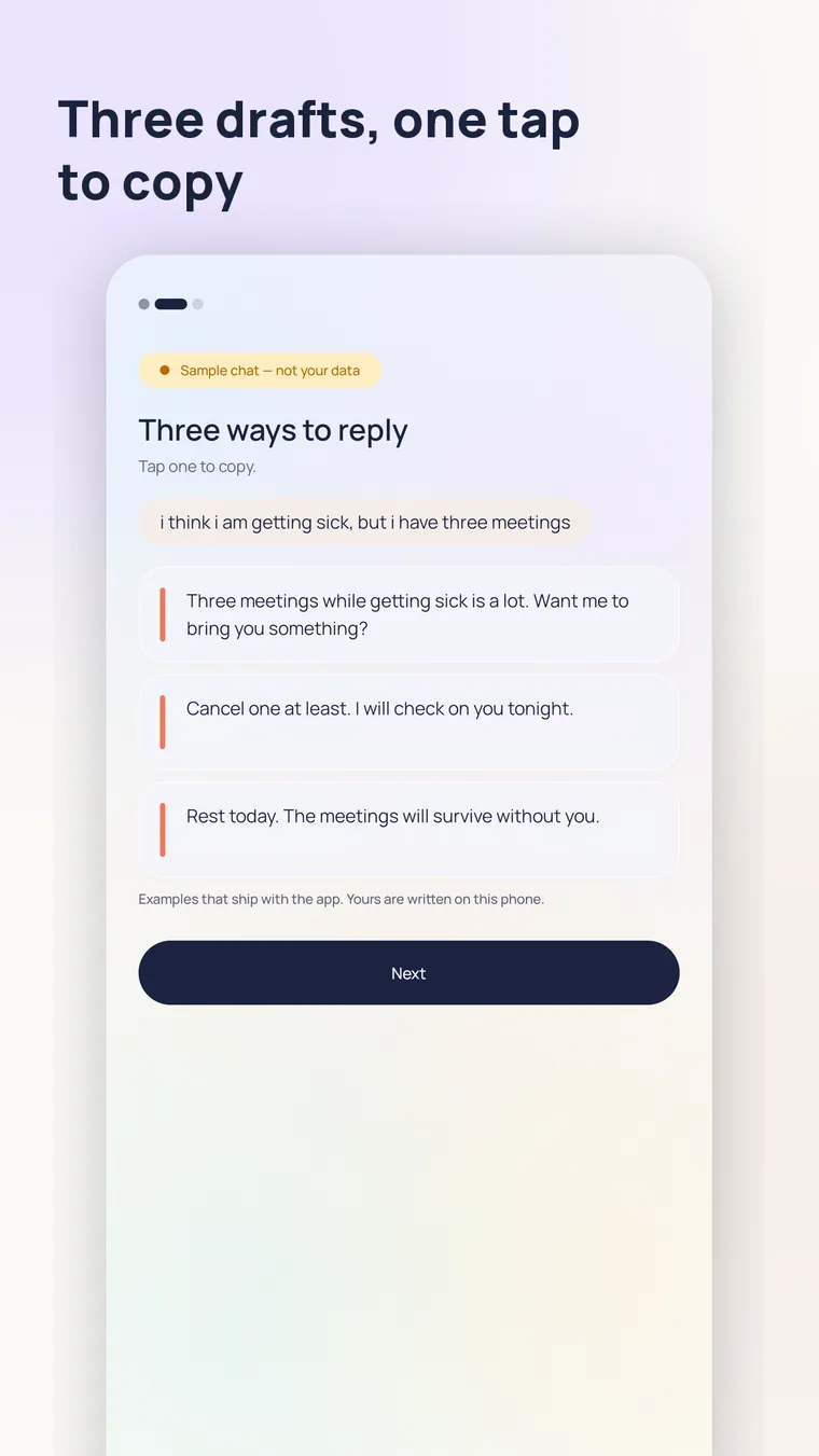Three drafts, one tap to copy — reply suggestions on a sample chat.