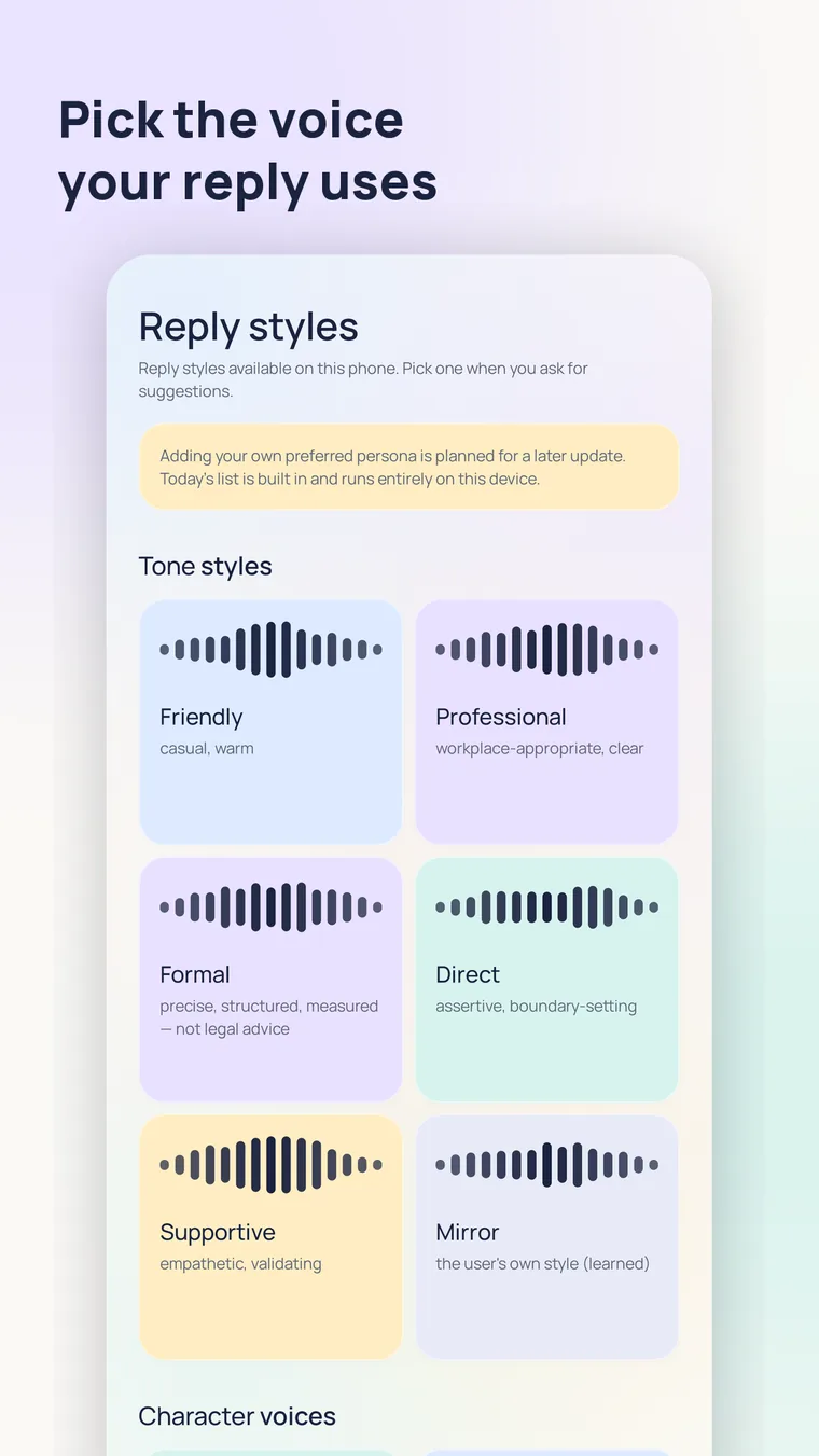 Pick the voice your reply uses — the reply styles screen.