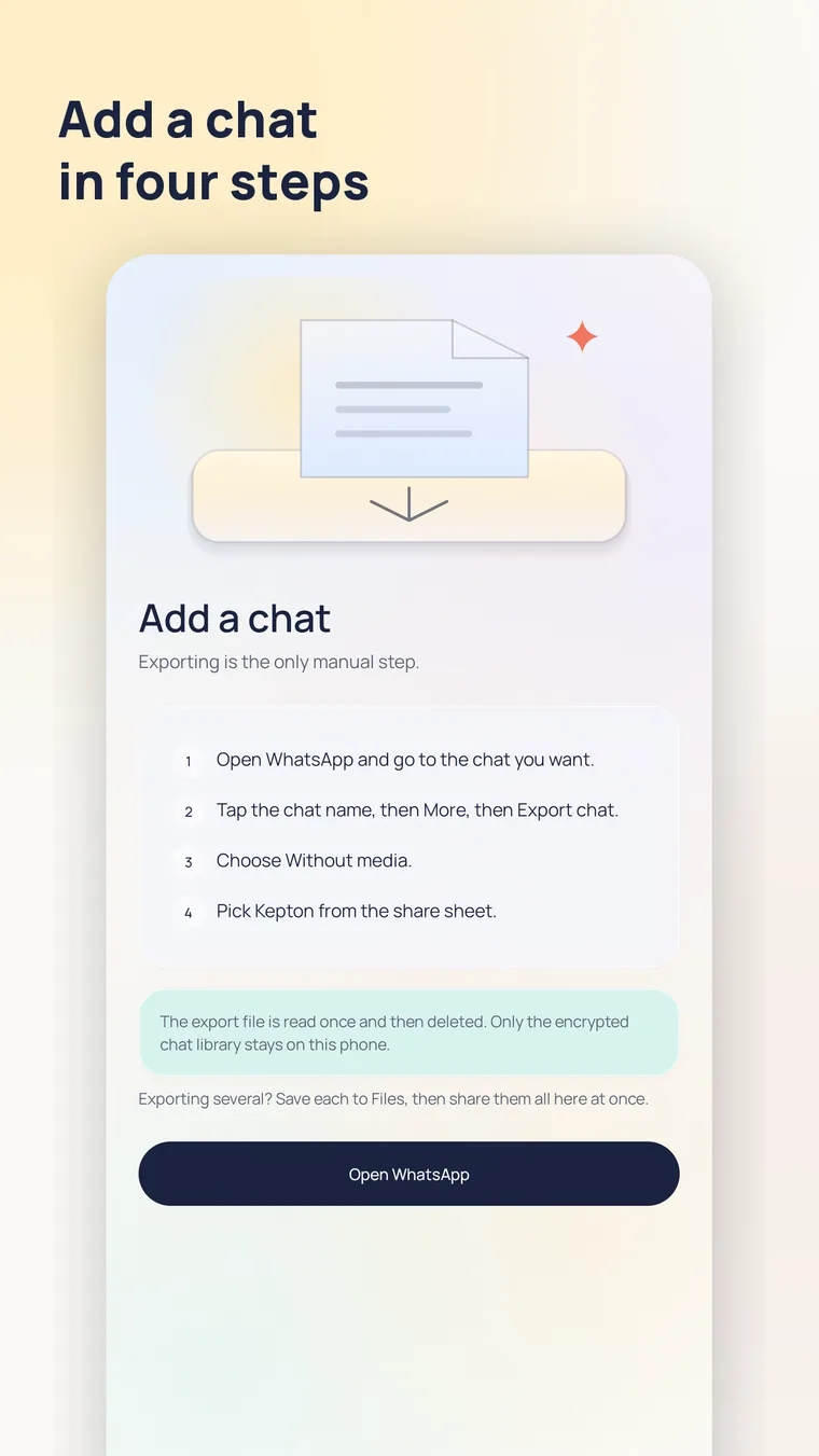Add a chat in four steps — the export wizard.
